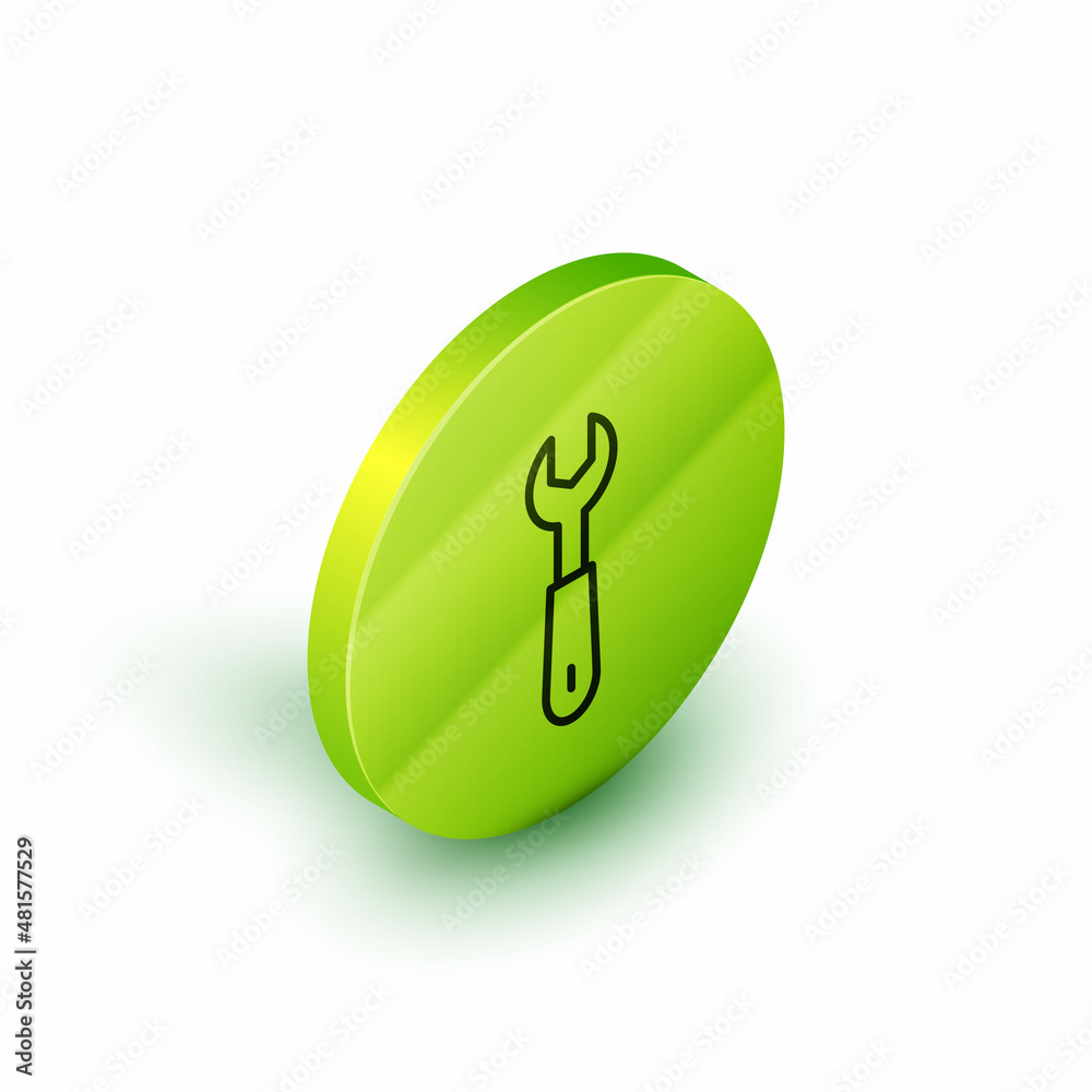 Isometric line Wrench spanner icon isolated on white background. Green circle button. Vector Isometric line Wrench spanner icon isolated on white background. Green circle button. Vector