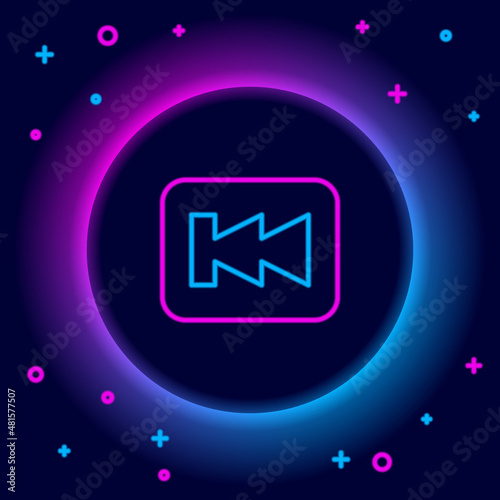 Glowing neon line Rewind button icon isolated on black background. Colorful outline concept. Vector