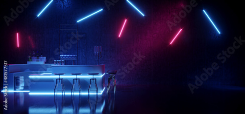 Retro Cyber Sci Fi Neon Glowing Laser Purple BLue Lights Futuristic Bar Club Night Grunge Show Podium Stage Brick Wall Drink Modern Dance Floor 3D Rendering