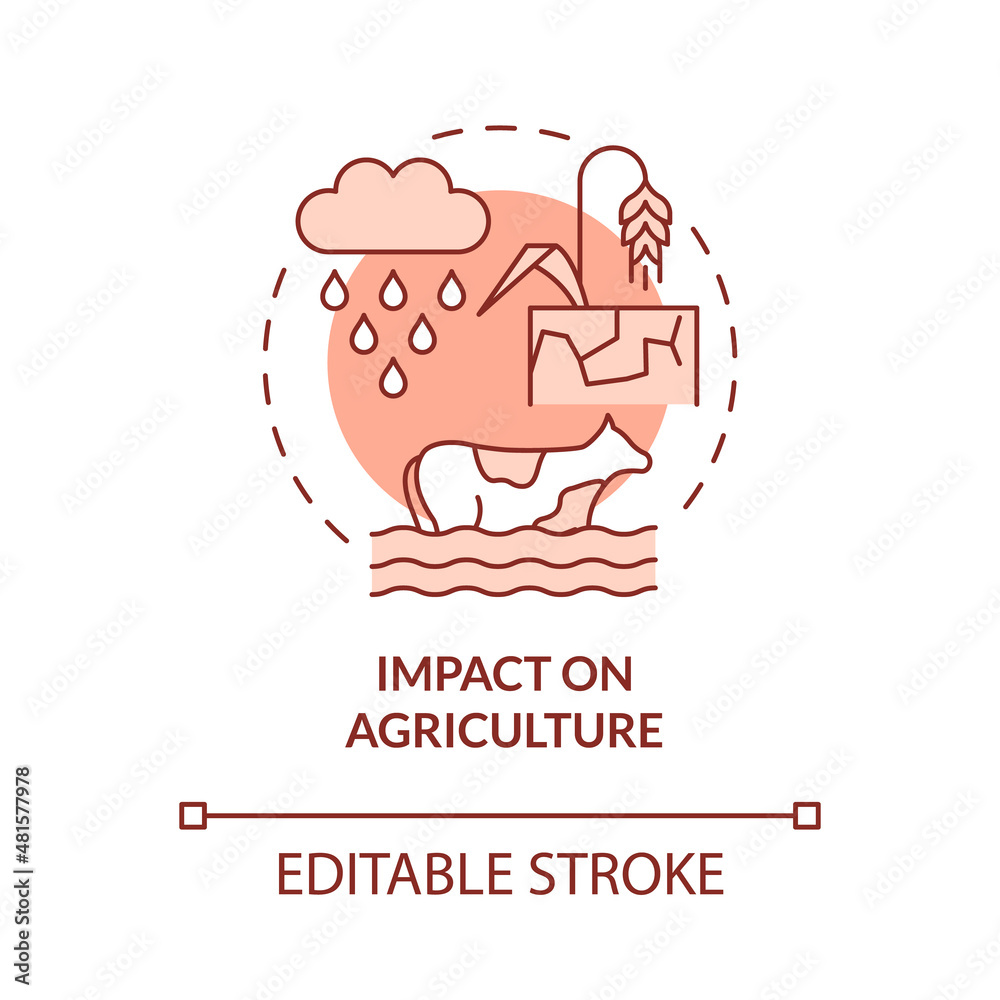 Impact on agriculture red concept icon. Climate change negative effect abstract idea thin line illustration. Isolated outline drawing. Editable stroke. Roboto-Medium, Myriad Pro-Bold fonts used Impact on agriculture red concept icon. Climate change negative effect abstract idea thin line illustration. Isolated outline drawing. Editable stroke. Roboto-Medium, Myriad Pro-Bold fonts used
