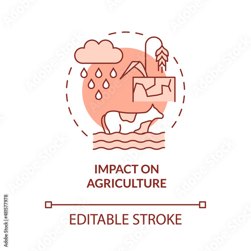 Impact on agriculture red concept icon. Climate change negative effect abstract idea thin line illustration. Isolated outline drawing. Editable stroke. Roboto-Medium, Myriad Pro-Bold fonts used