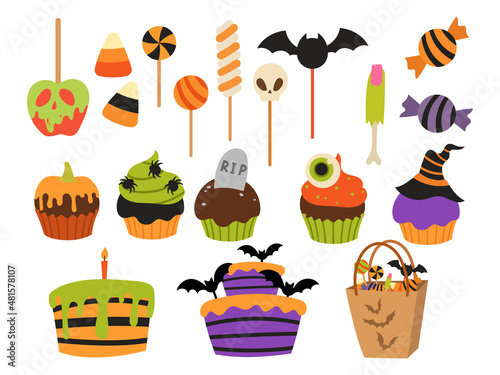 Set of cute halloween sweets. Collection of creepy cupcakes and pops  with witch hat, pumpkin, eyeball, etc. Trick or treat. Happy scary candys. Vector illustration of fun halloween buscket.