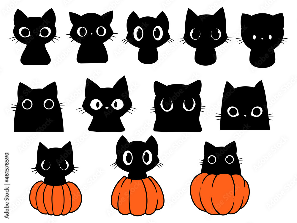 Obraz premium Set of black cat. Collection of silhouette kiiten head with pumkin. Fuuny pets. Happy halloween. Scary print for design. Vector illustration on white background. 