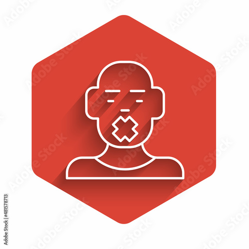 White line Head of deaf and dumb guy icon isolated with long shadow. Dumbness sign. Disability concept. Red hexagon button. Vector