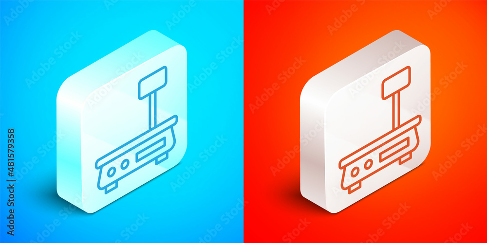 Isometric line Electronic scales icon isolated on blue and red background. Weight for food. Weighing process in store or supermarket. Silver square button. Vector