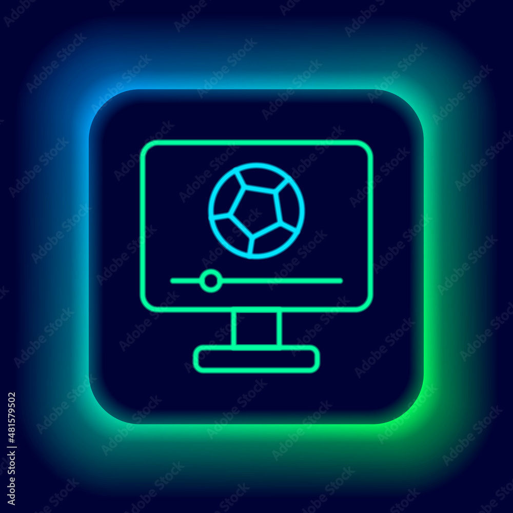 Glowing neon line Football soccer match on TV icon isolated on black background. Football online concept. Colorful outline concept. Vector Glowing neon line Football soccer match on TV icon isolated on black background. Football online concept. Colorful outline concept. Vector