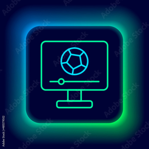 Glowing neon line Football soccer match on TV icon isolated on black background. Football online concept. Colorful outline concept. Vector
