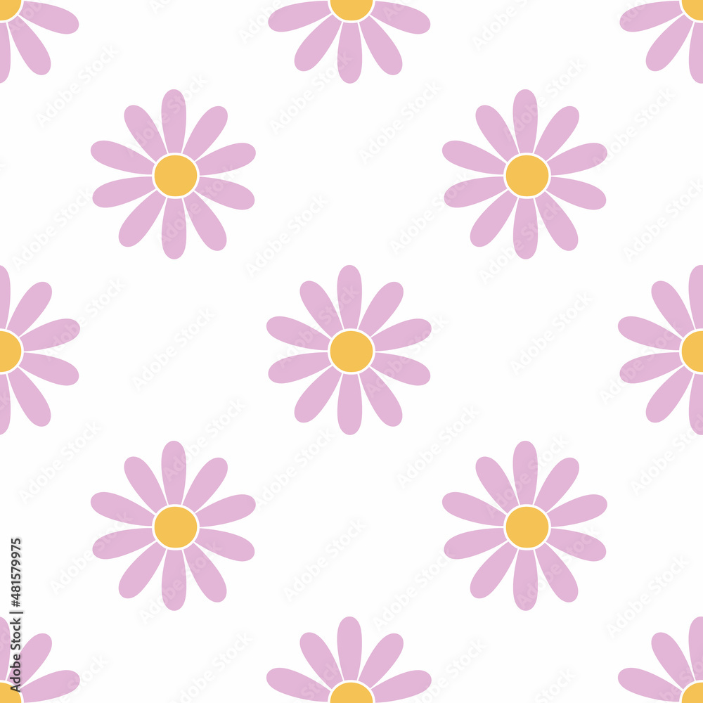 Cute daisy on white background. Seamless flower pattern. Background for sewing children clothes. Packing paper. Chamomile wallpaper.