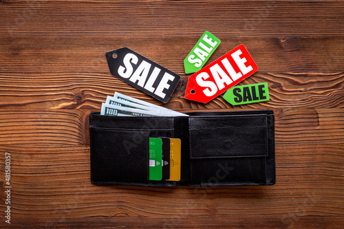 Wallpaper Mural Price sale label and wallet with banknotes and bank cards Torontodigital.ca