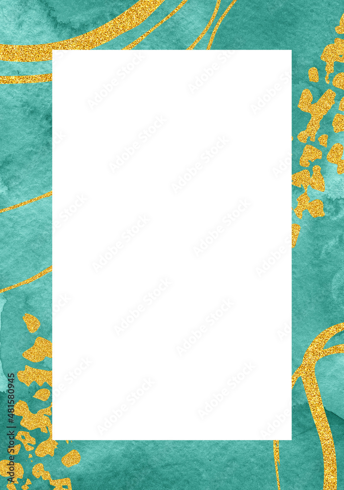 Obraz premium Abstract green frame for wedding card with watercolor shapes, splash, line elements, dots. Minimalist banner for social media posts, birthday card, mobile apps, greeting cards, baby shower card