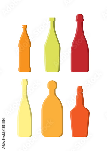Set drinks. Alcoholic bottle. Beer vermouth red wine champagne tequila whiskey. Simple shape isolated with shadow and light. Colored illustration on white background. Flat design style