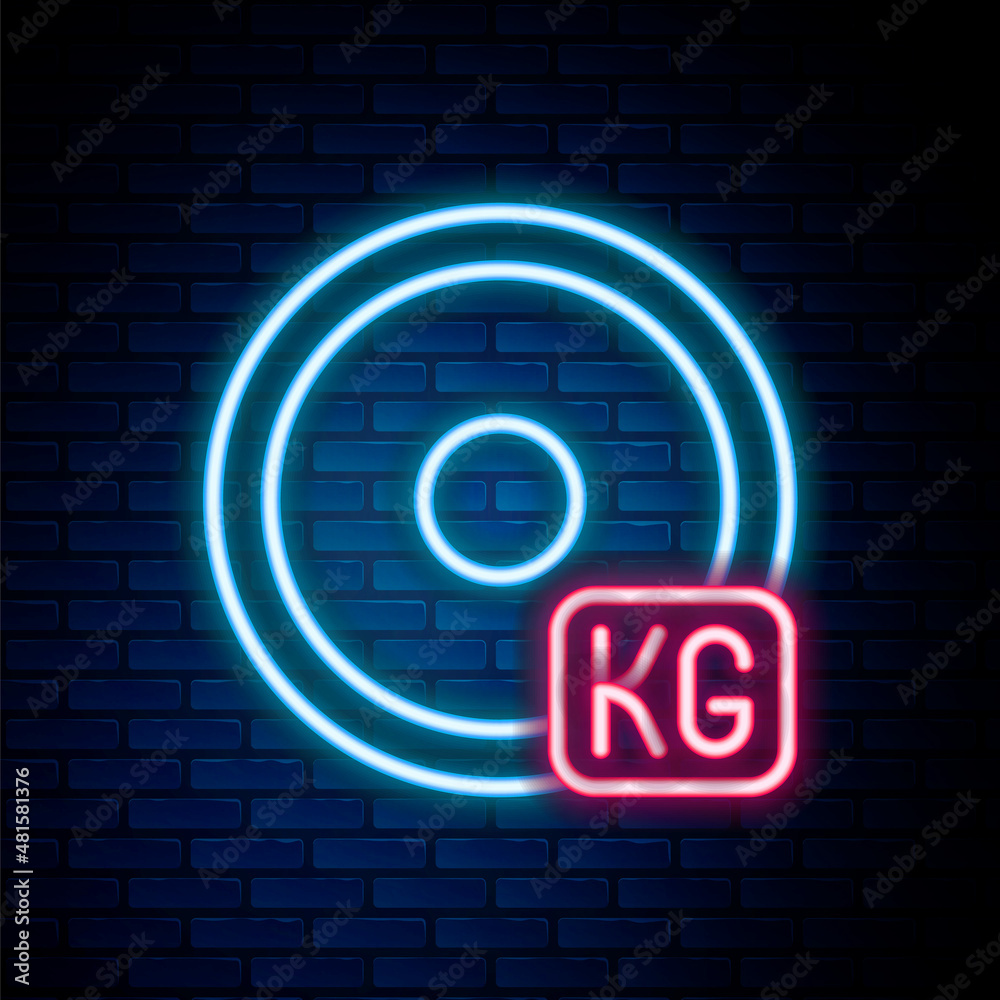 Glowing neon line Weight plate icon isolated on brick wall background. Equipment for bodybuilding sport, workout exercise and fitness. Colorful outline concept. Vector Glowing neon line Weight plate icon isolated on brick wall background. Equipment for bodybuilding sport, workout exercise and fitness. Colorful outline concept. Vector