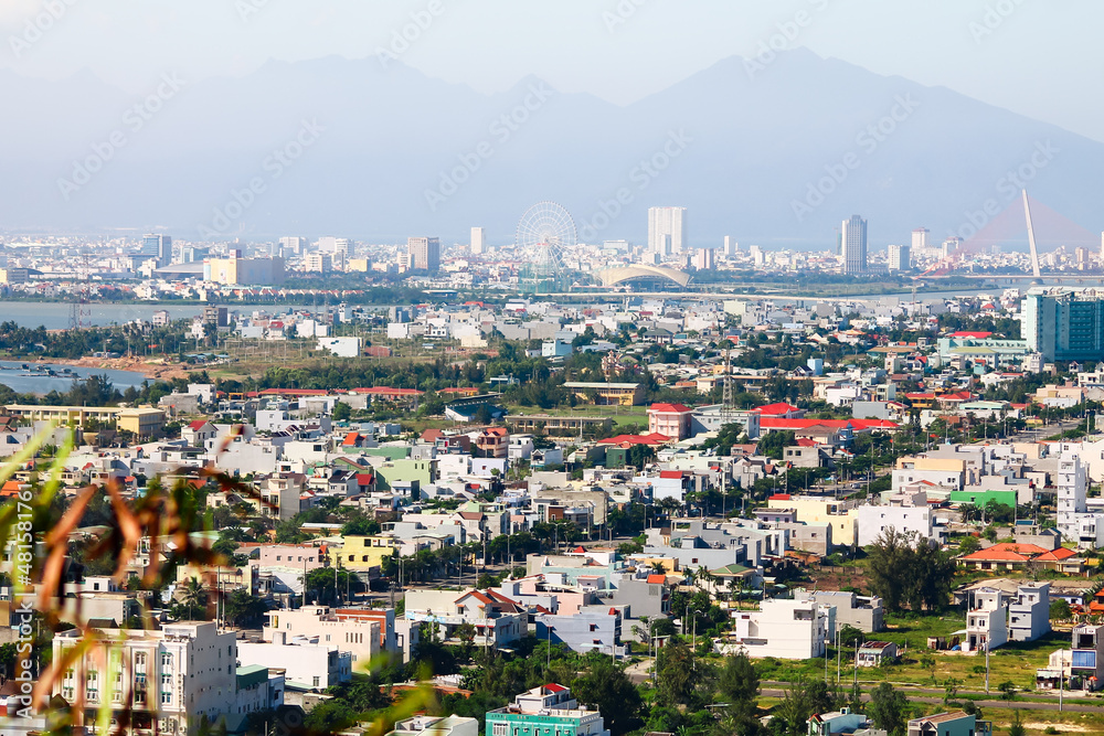 Aerial View of Fog over Danang City, Vietnam in the early mornng