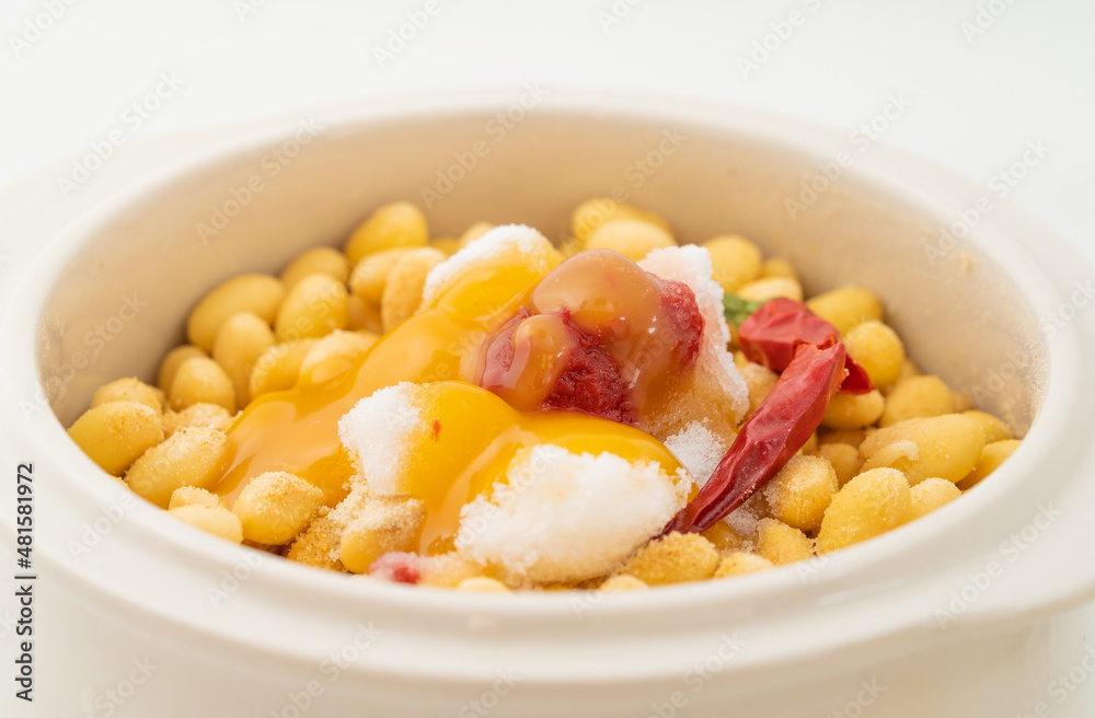 Soybeans with water on a pure white background Soybeans with water on a pure white background