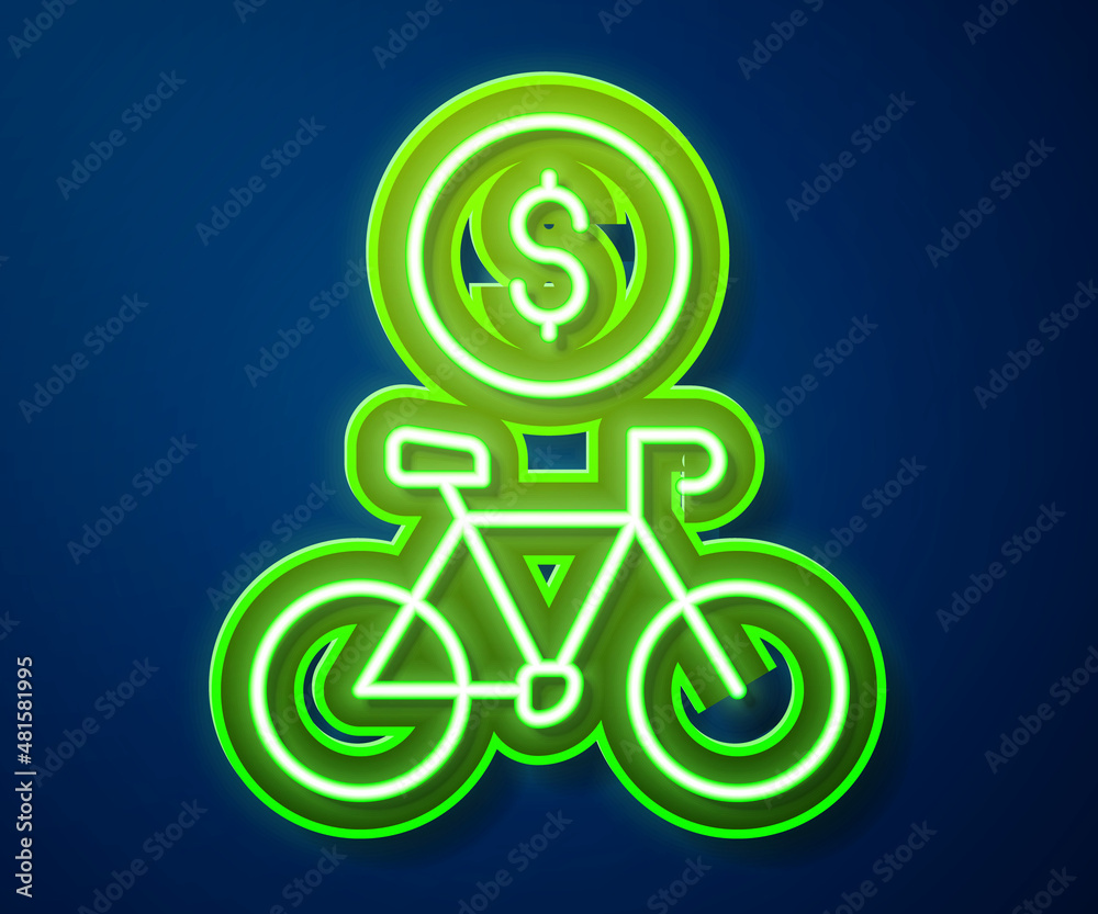 Glowing neon line Bicycle rental mobile app icon isolated on blue background. Smart service for rent bicycles in the city. Mobile app for sharing system. Vector