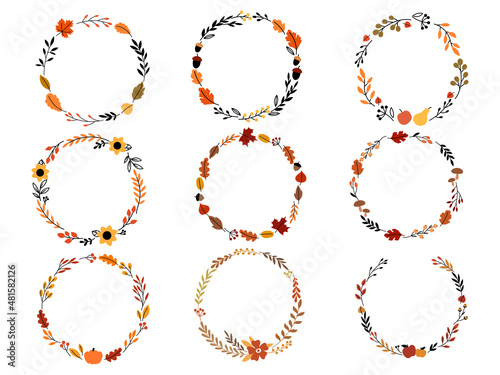 Set of cartoon autumn frame. Collection of round frames with floral wreaths. Fall plants. Botany. Colorful illustration of floral arrangements for a t-shirt design.