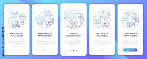 HR basics blue gradient onboarding mobile app screen. Recruitment walkthrough 5 steps graphic instructions pages with linear concepts. UI, UX, GUI template. Myriad Pro-Bold, Regular fonts used