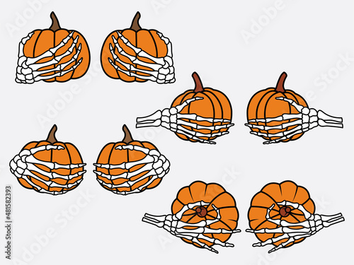 Set of hands skeletons with pumpkins. Collection of skeleton hands with pumpkin boobs. Funny haluin. Veсktor illustration for a print on clothes.