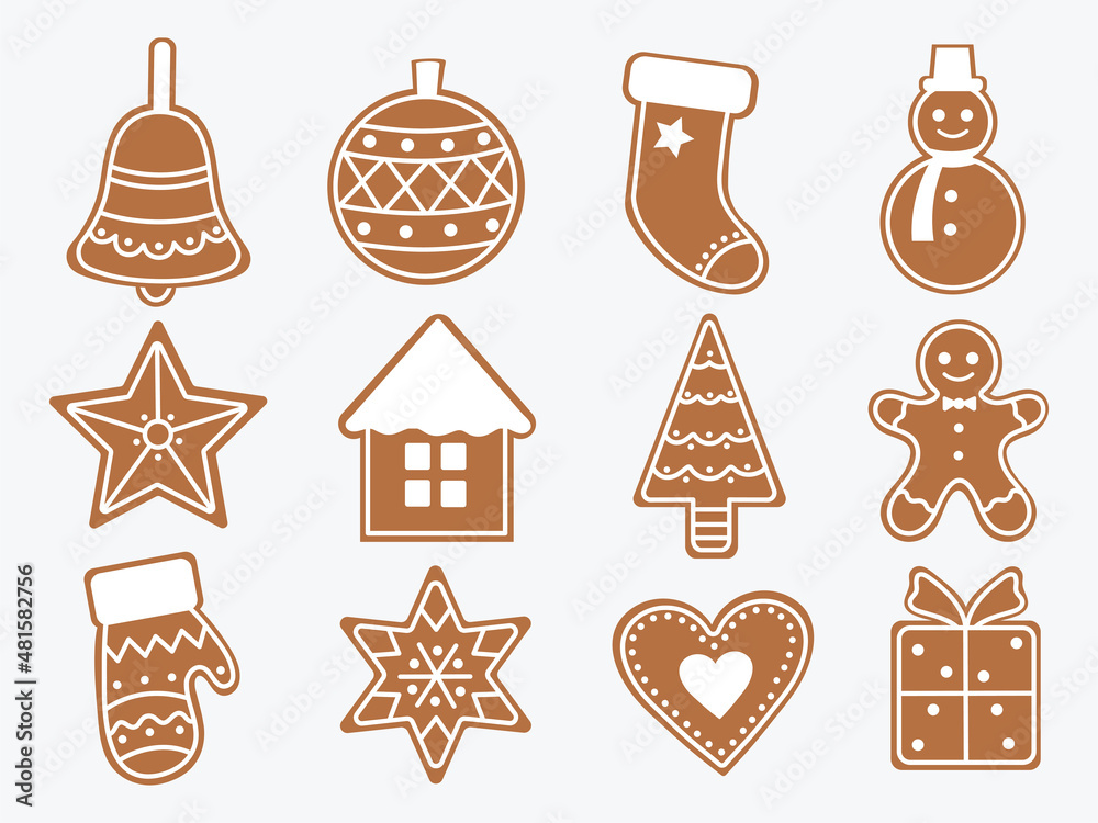 Set of festive gingerbread. Collection of various Christmas treats gingerbread man, heart, Christmas tree decoration, etc. Santa's cute house. Colorful illustration of a shaped house with decorations Set of festive gingerbread. Collection of various Christmas treats gingerbread man, heart, Christmas tree decoration, etc. Santa's cute house. Colorful illustration of a shaped house with decorations