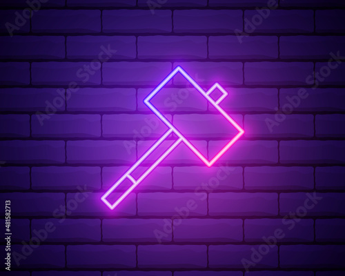 Mallet neon icon. Vector illustration for design. hammer glowing sign. Construction tools concept isolated on brick wall