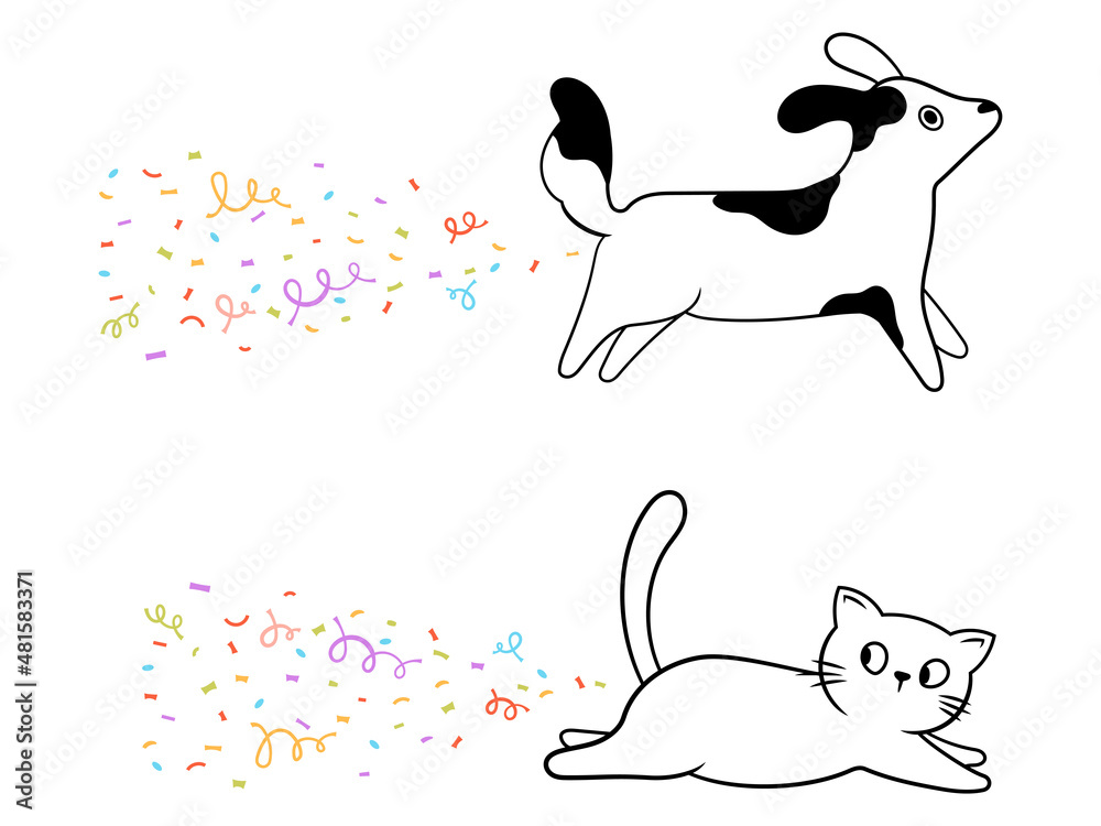 Set of funny pets with confetti. Collection of osbaki and a cat with candy flying out of the ass. Holiday animals. Vector illustration isolated on white background.