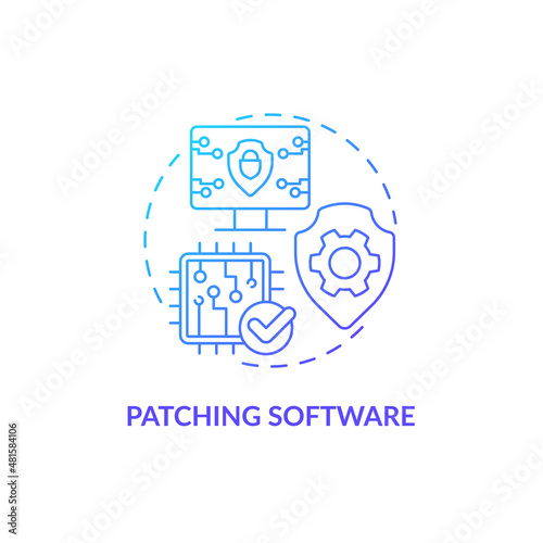 Patching software blue gradient concept icon. Sensitive information cyber protection abstract idea thin line illustration. Isolated outline drawing. Roboto-Medium, Myriad Pro-Bold fonts used