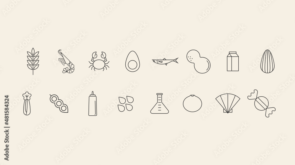 Conjunto de 14 iconos de menú de alérgenos alimentarios en círculos. Gluten, huevos, leche, frutos secos, pescado, sésamo, gambas, alergia iconos vectoriales.