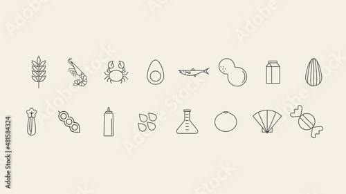 Conjunto de 14 iconos de menú de alérgenos alimentarios en círculos. Gluten, huevos, leche, frutos secos, pescado, sésamo, gambas, alergia iconos vectoriales.