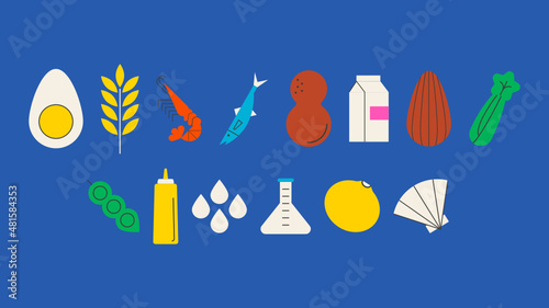 Conjunto de 14 iconos de menú de alérgenos alimentarios en círculos. Gluten, huevos, leche, frutos secos, pescado, sésamo, gambas, alergia iconos vectoriales.