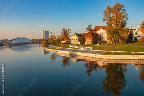 Minsk. Belarus. View of the Svisloch River in the center of Minsk. 