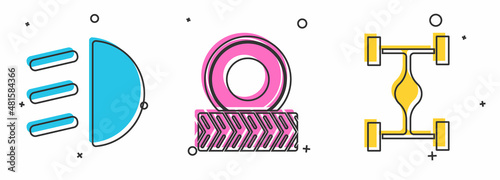 Set High beam, Car wheel and Chassis car icon. Vector