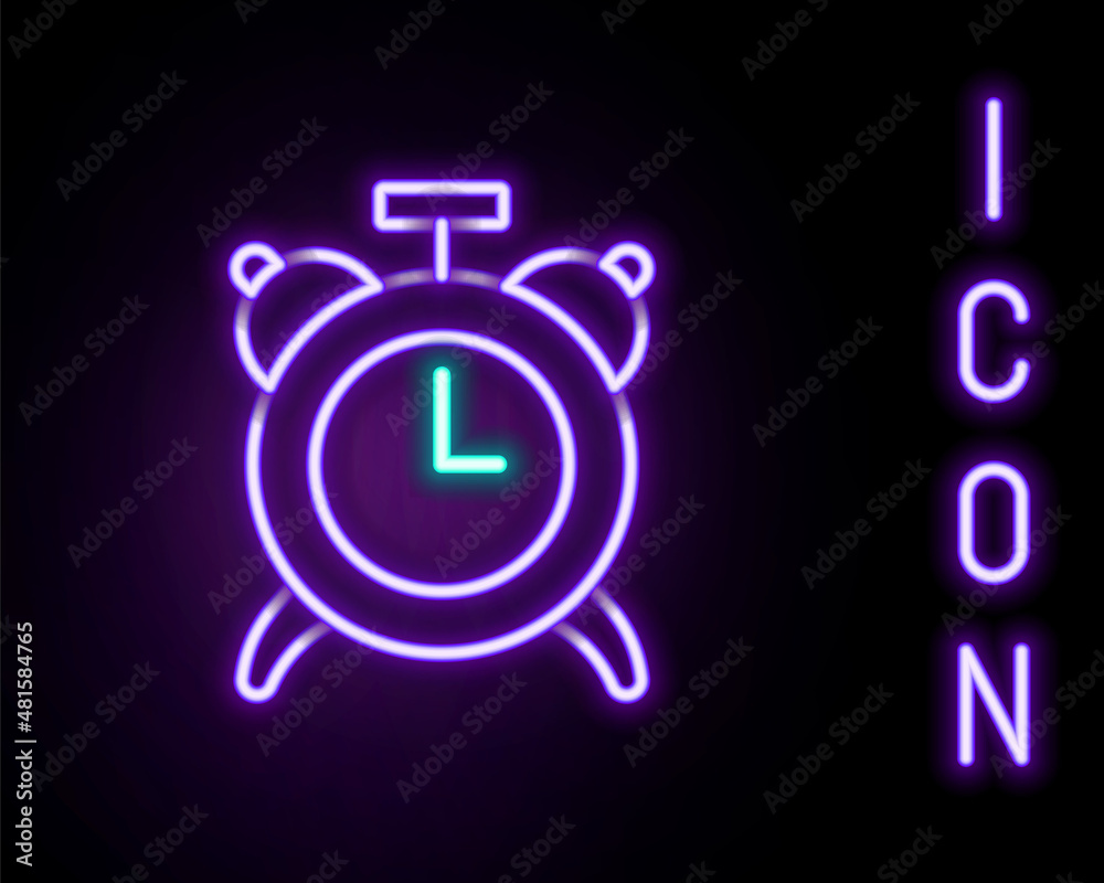 Glowing neon line Alarm clock icon isolated on black background. Wake up, get up concept. Time sign. Colorful outline concept. Vector Glowing neon line Alarm clock icon isolated on black background. Wake up, get up concept. Time sign. Colorful outline concept. Vector