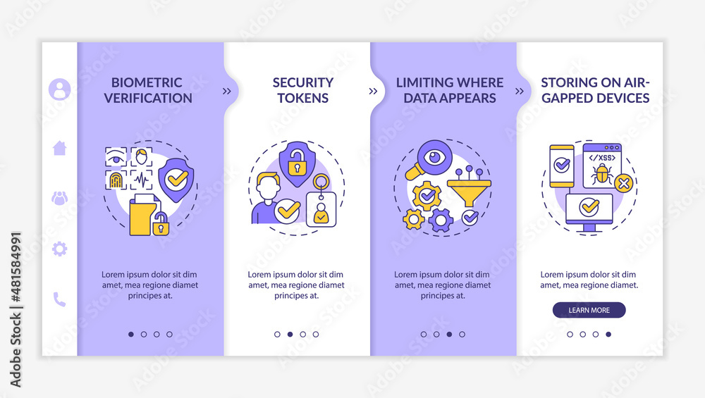 Confidentiality countermeasures purple and white onboarding template. Responsive mobile website with linear concept icons. Web page walkthrough 4 step screens. Lato-Bold, Regular fonts used