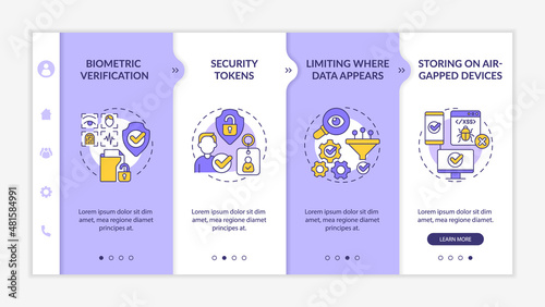 Confidentiality countermeasures purple and white onboarding template. Responsive mobile website with linear concept icons. Web page walkthrough 4 step screens. Lato-Bold, Regular fonts used