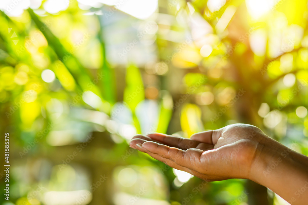 Technology, hand holding with environment Icons over the Network connection on green background