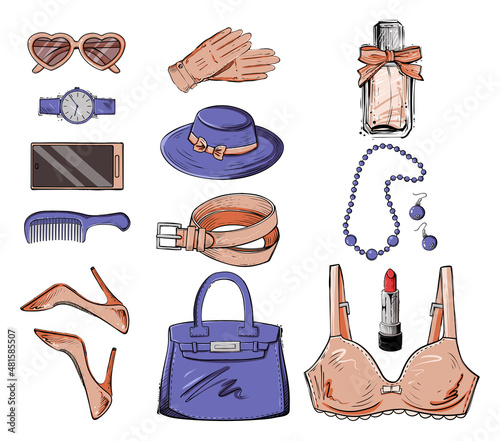 Set of woman accessories, color vector illustration