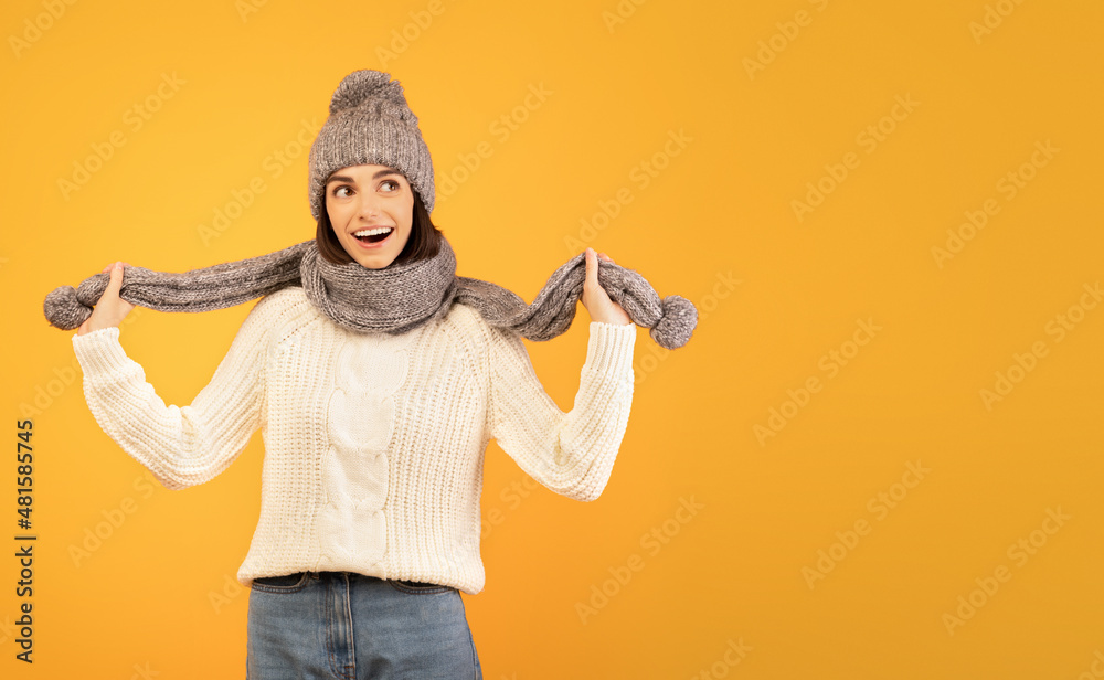 Cool winter offer, promo. Excited lady in warm winter outfit, smiling and looking at free space on yellow background Cool winter offer, promo. Excited lady in warm winter outfit, smiling and looking at free space on yellow background