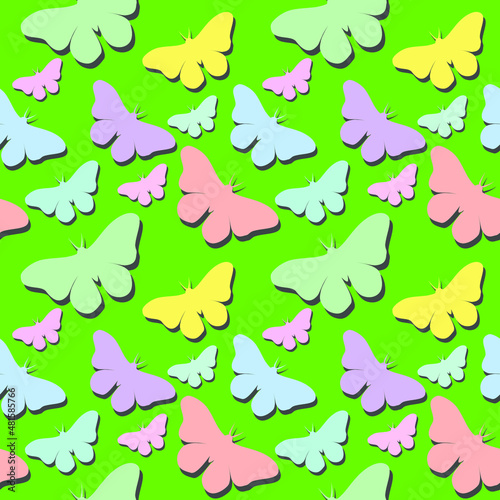Seamless pattern in a modern style, colorful butterflies on a green background. Modern design for paper, cover, fabric, interior decor. © Александр Науменко