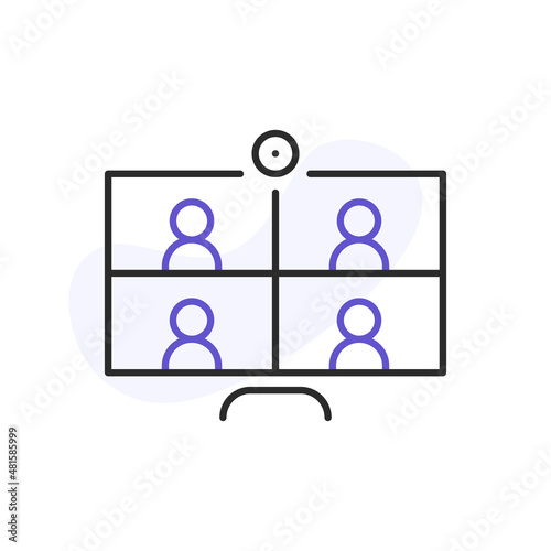 Laptop with people on screen communicating on video chat. Video conference and online meeting concept. Distance work and learning. Vector illustration. Laptop, computer, chatting, conferencing
