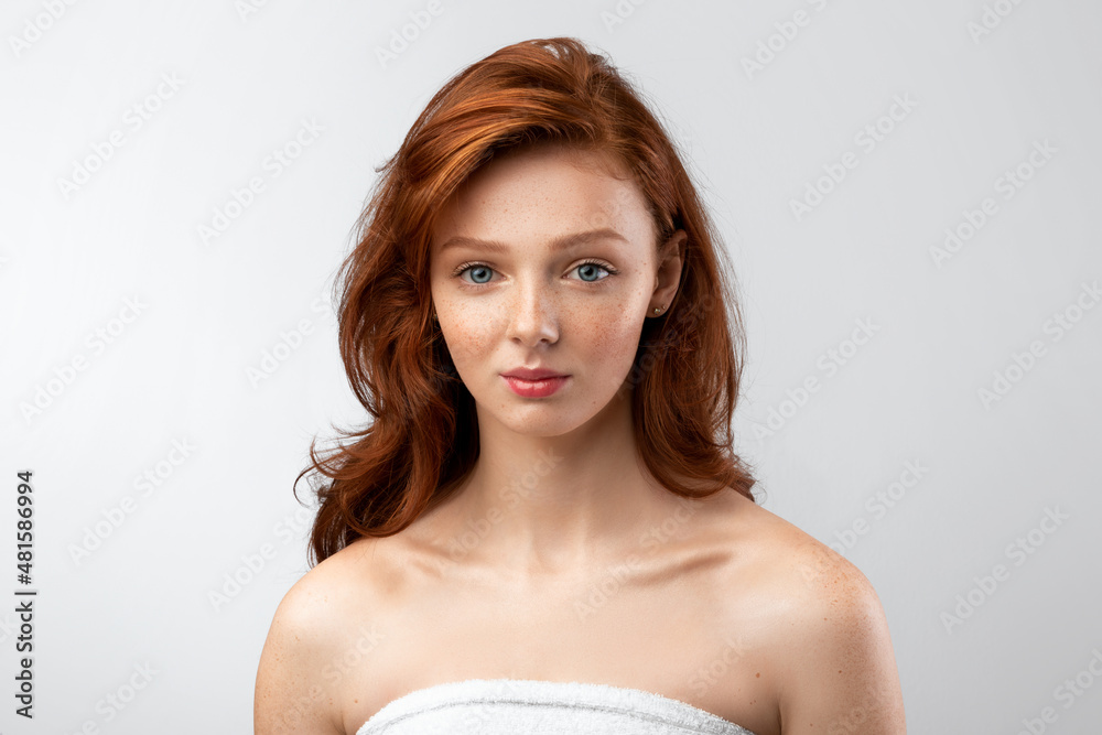 Teenager Girl With Loose Hair Posing Wrapped In Towel, Studio Teenager Girl With Loose Hair Posing Wrapped In Towel, Studio
