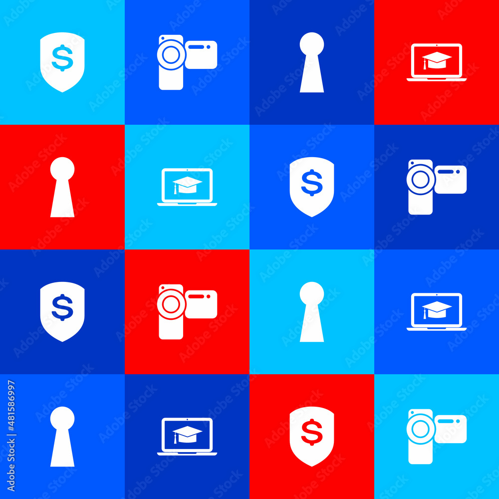 Set Shield and dollar, Cinema camera, Keyhole and Graduation cap on laptop icon. Vector Set Shield and dollar, Cinema camera, Keyhole and Graduation cap on laptop icon. Vector