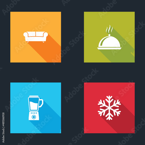 Set Sofa, Covered with tray food, Blender and Snowflake icon. Vector