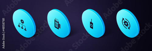 Set Isometric Gear and arrows as workflow, Remote control, POS terminal and Lead management icon. Vector