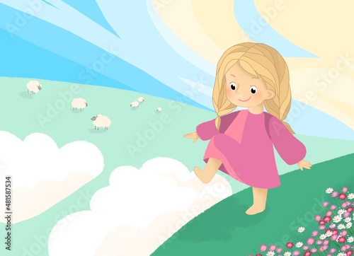Illustration for a children s book. girl  sun and clouds