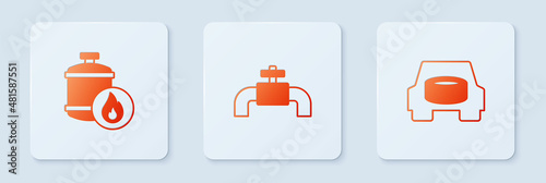 Set Metallic pipes and valve, Propane gas tank and Spare wheel in the car. White square button. Vector