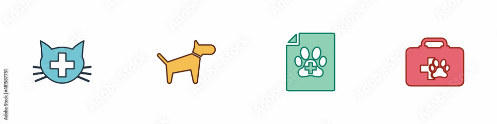 Set Veterinary clinic, Dog, Medical certificate for dog or cat and Pet first aid kit icon. Vector Set Veterinary clinic, Dog, Medical certificate for dog or cat and Pet first aid kit icon. Vector
