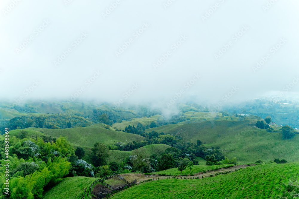 Horizontal view of green jungle landscape with fog in Colombia. Panoramic view of mountains and clouds in Filandia valley and green scenery. Colombia landscapes concept.