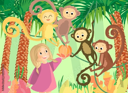 Illustration for a children s book. Girl and monkey in the jungle