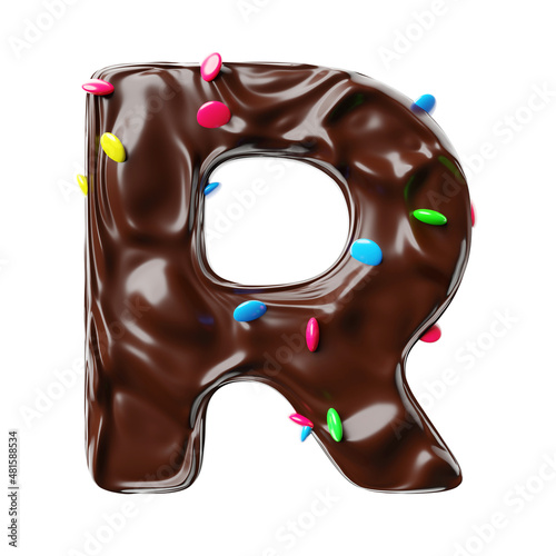 Chocolate letter R on a white background sweet chocolate hazelnut spread with multicolored dragee candies realistic 3D render