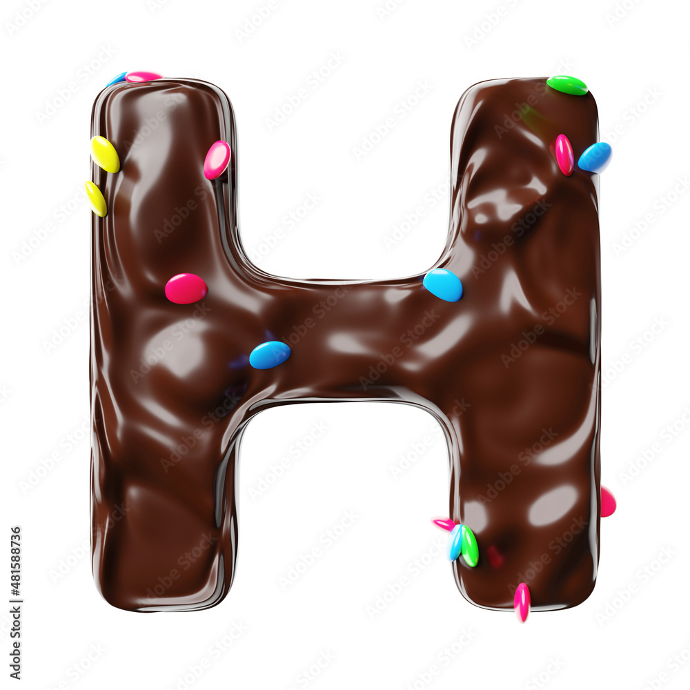 Chocolate letter H on a white background sweet chocolate hazelnut spread with multicolored dragee candies realistic 3D render